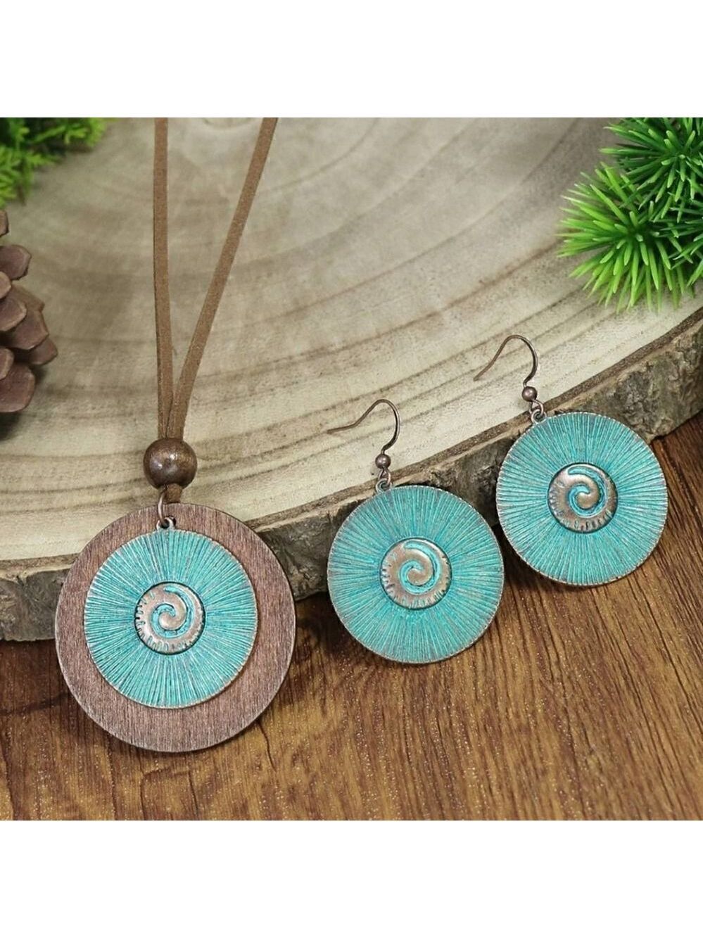 Wood Round Bronze Double Layer Pendant & Earrings